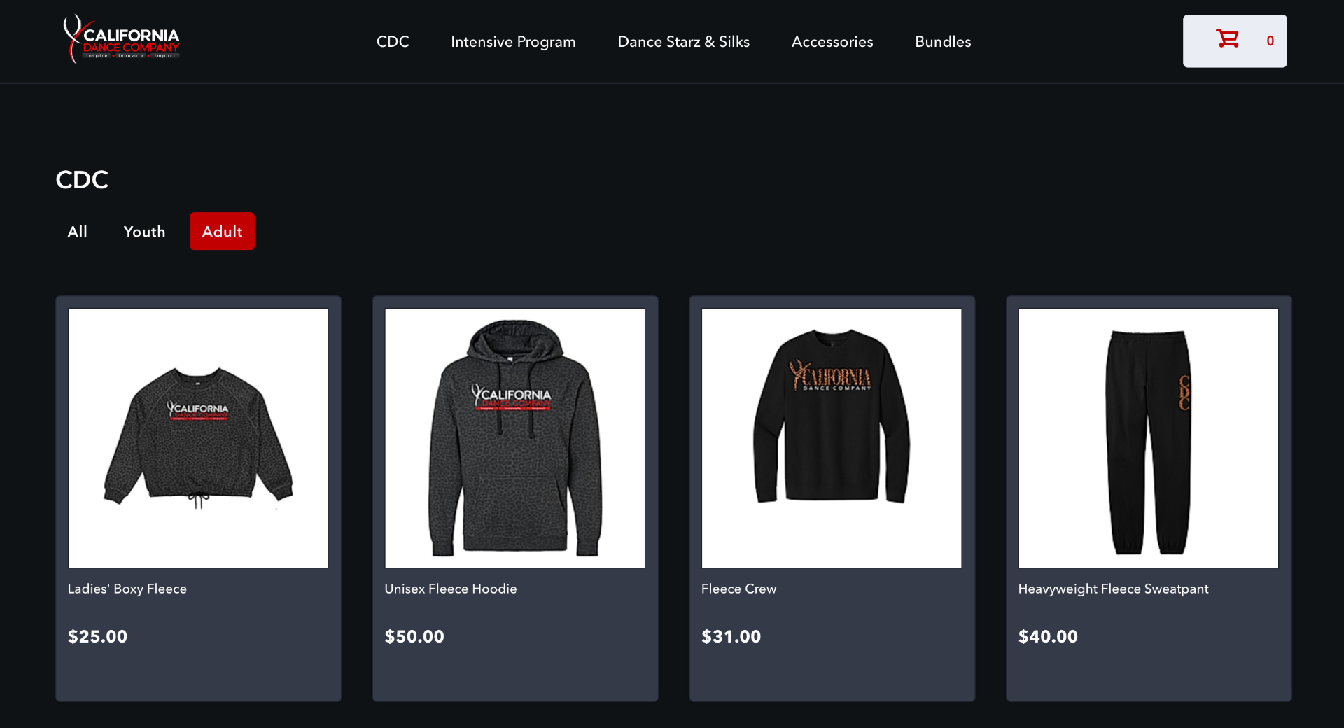 California Dance Company custom web store