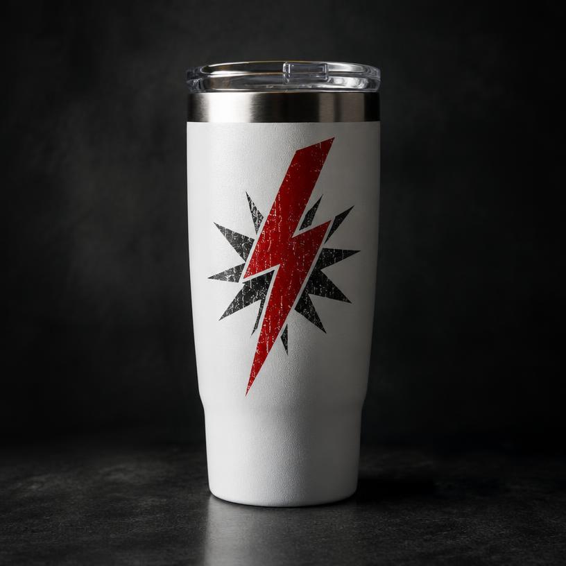 Insulated tumbler with an engraved lightning bolt design