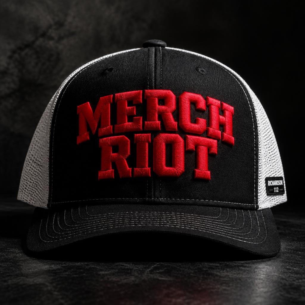 Black and white Richardson 112 trucker hat with MERCH RIOT embroidered in red