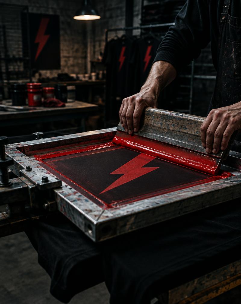 Screen printing press pulling red ink over a megaphone design